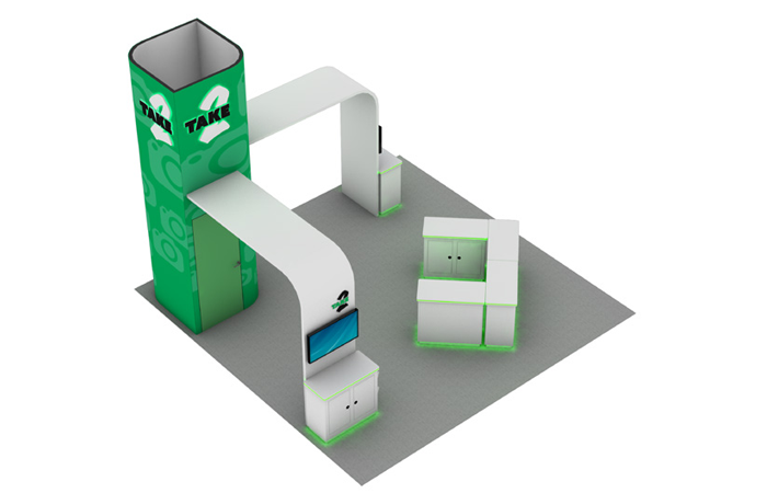 20' Lamar Rental Island w/ Storage Tower, EdgeLit Workstations & Counter (RT89163)