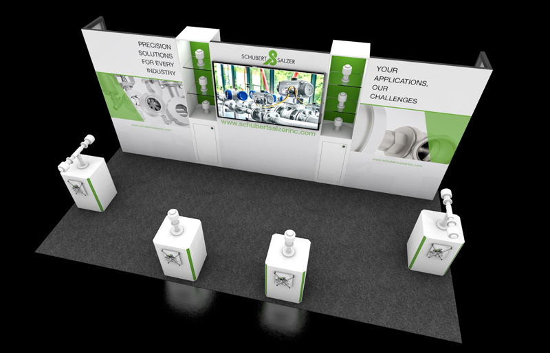 10' x 20' DesignLine Exhibit w/ Product Pedestals and Built-in Showcases (ID0529)