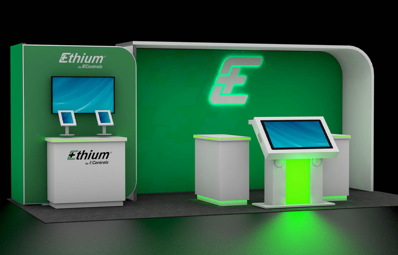 10' x 20' Custom Exhibit w/ Curved Canopy Structure, Walk-in Storage, and Counters (ID0538)