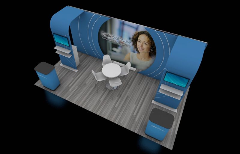 10' x 20' Portable Backlit Exhibit w/ Fabric Arches and Dual Monitor Kiosks (ID0545)