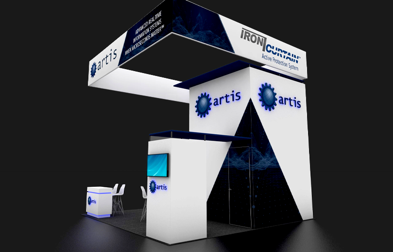 20' x 20' DesignLine Exhibit w/ Conference Room, Lounge Area, and Hanging Sign (ID0558)