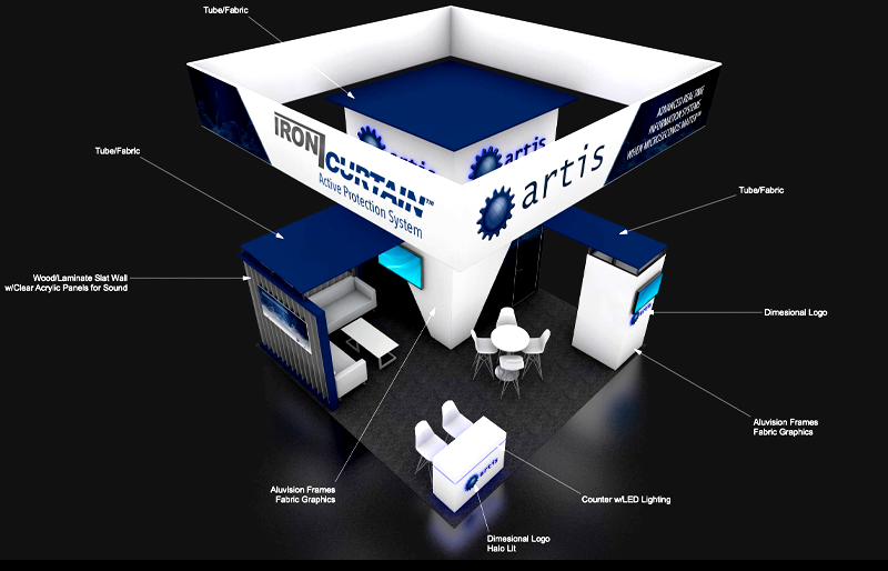 20' x 20' DesignLine Exhibit w/ Conference Room, Lounge Area, and Hanging Sign (ID0558)