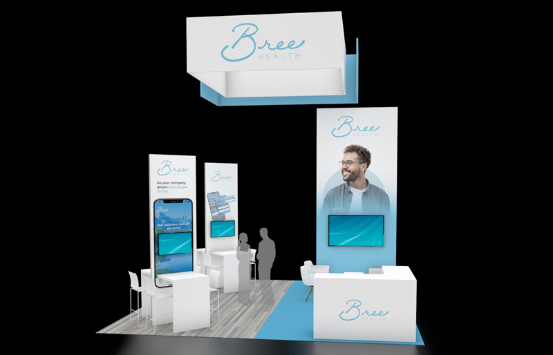 20' x 20' Custom Island w/ Interactive Kiosks, Meeting Areas, and Hanging Signs (ID0560)