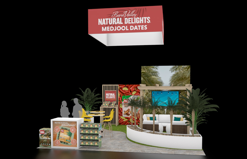 20' x 20' Custom Island Exhibit w/ Wood Pergola, Lounge Seating, and Product Displays (ID0561)