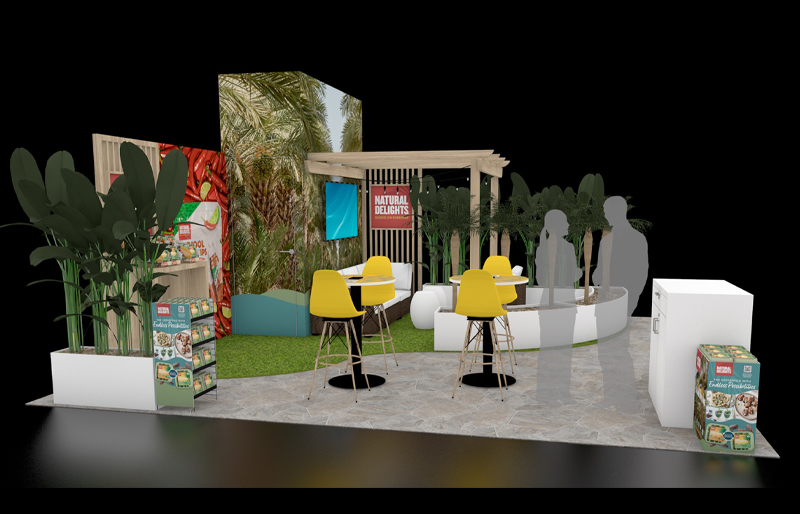 20' x 20' Custom Island Exhibit w/ Wood Pergola, Lounge Seating, and Product Displays (ID0561)