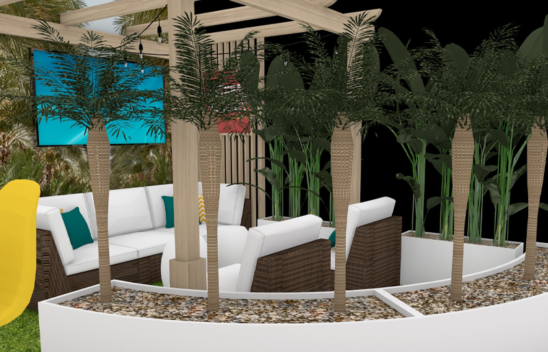 20' x 20' Custom Island Exhibit w/ Wood Pergola, Lounge Seating, and Product Displays (ID0561)