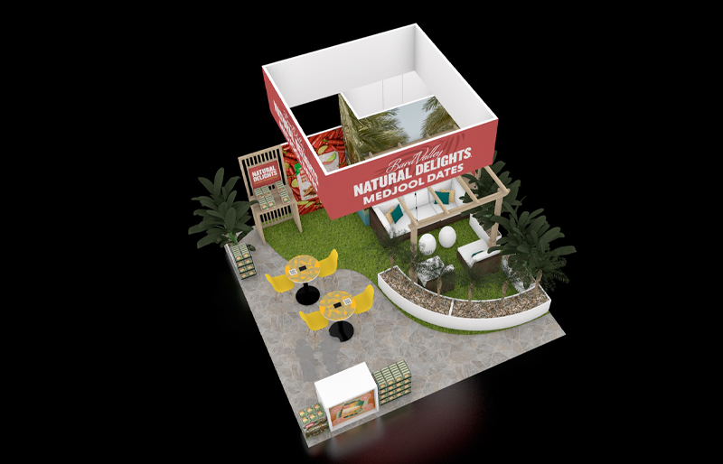 20' x 20' Custom Island Exhibit w/ Wood Pergola, Lounge Seating, and Product Displays (ID0561)