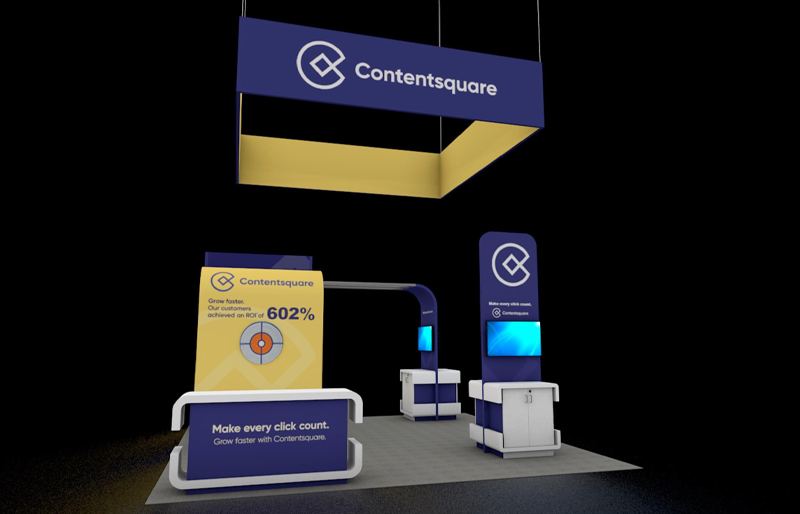 20' x 20' Custom Island Exhibit w/ Hanging Sign and Interactive Kiosks (ID0563)