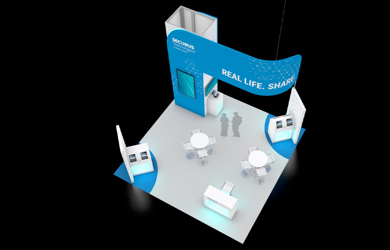 20' x 20' Custom Island Exhibit w/ Architectural Wall and HaloLit Product Kiosks (ID0564)