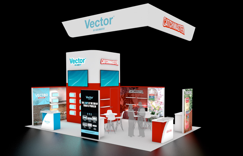 20' x 30' Product Island Exhibit w/ Media Storage Tower and BackLit Kiosks (ID0582)