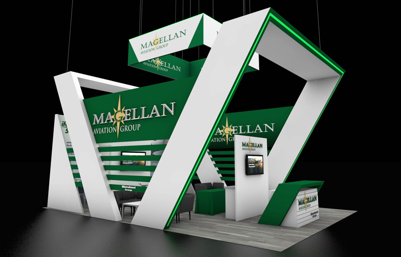 20' x 30' Island Exhibit w/ EdgeLit Angled Architecture and Demo Areas (ID0585)