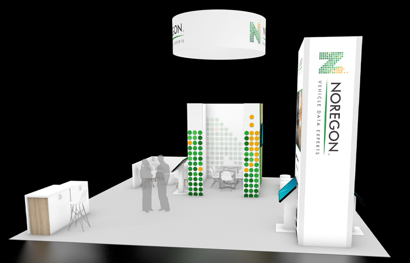30' x 30' Custom Island Exhibit w/ Circular Hanging Sign and Demo Stations (ID0590)