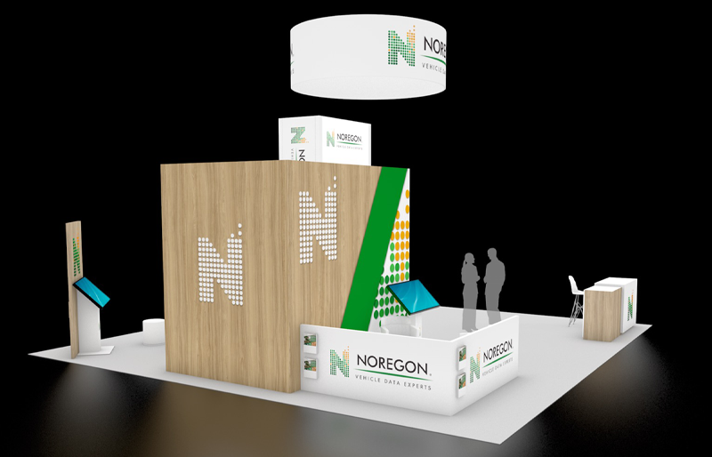 30' x 30' Custom Island Exhibit w/ Circular Hanging Sign and Demo Stations (ID0590)