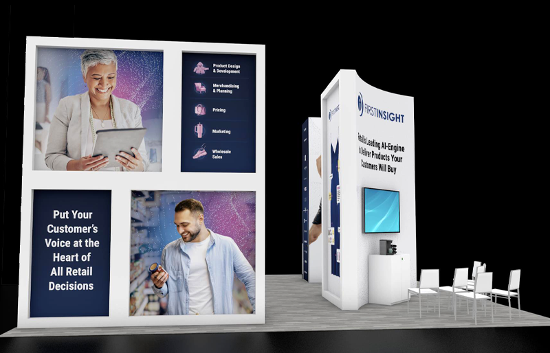 30' x 30' Island Exhibit w/ Graphic Towers, Presentation Area, and Demo Stations (ID0593)