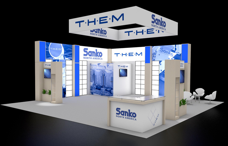 30' x 30' Island Exhibit w/ Backlit Panels and Square Hanging Sign (ID0594)