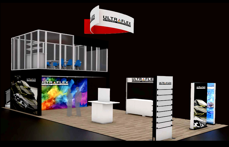 20' x 50' Double Deck Exhibit w/ Glass Meeting Room and Curved Hanging Sign (ID0596)