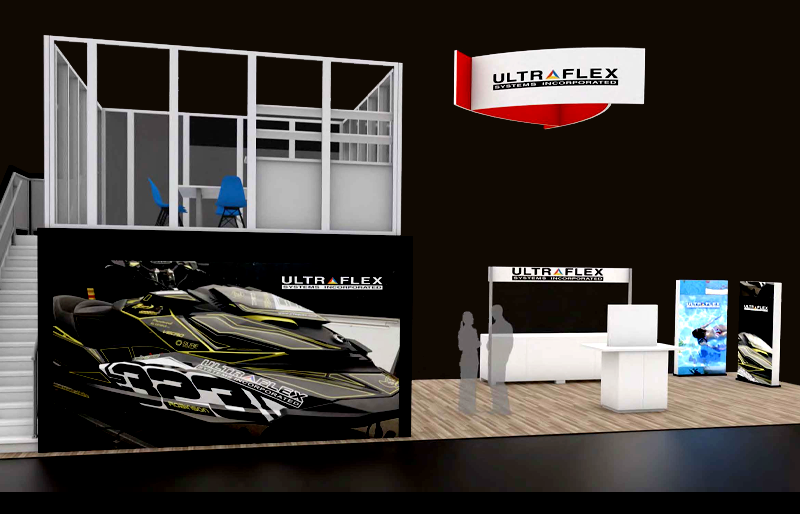 20' x 50' Double Deck Exhibit w/ Glass Meeting Room and Curved Hanging Sign (ID0596)