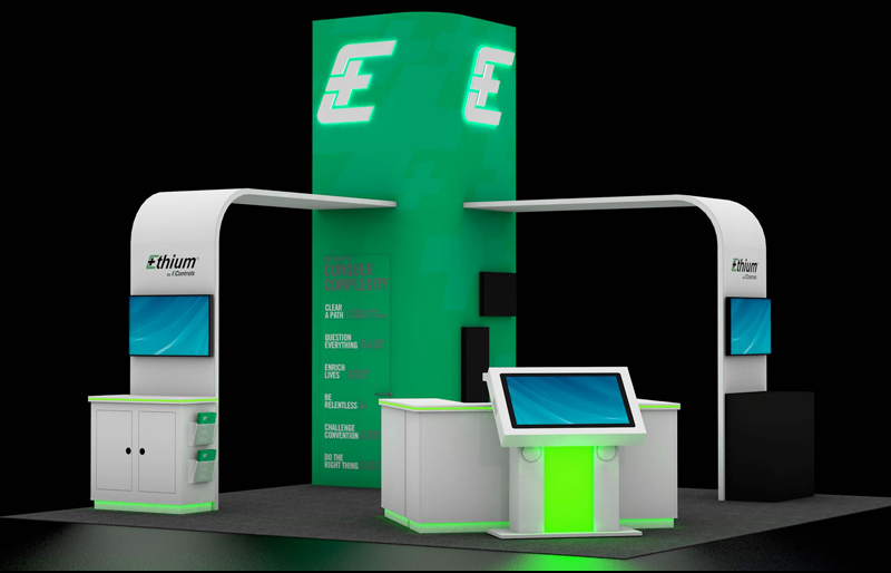 20' x 20' Island Exhibit w/ Tower, Overhead Archways, Walk-in Storage, AV and Counters (ID0611)