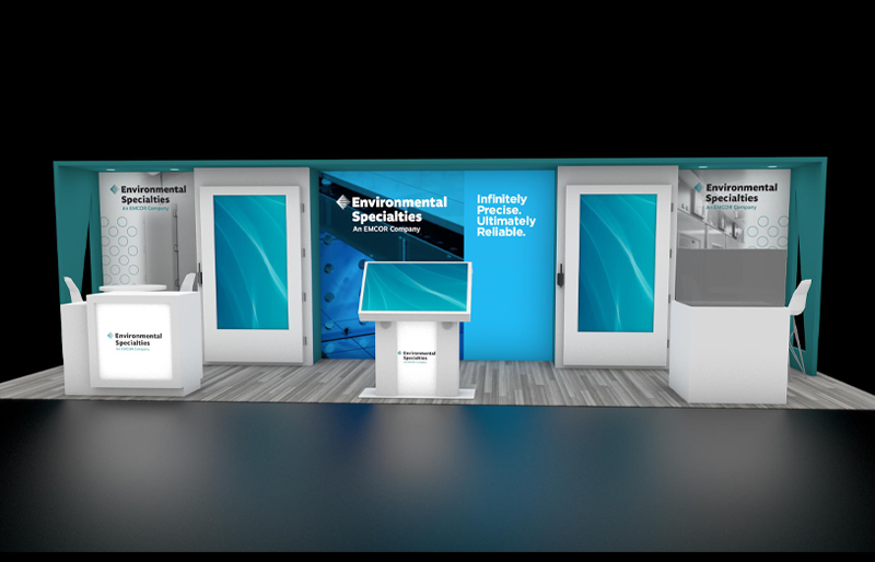 10' x 30' Scalable Backlit Exhibit w/ Dual Presentation Doors and Interactive Kiosk (ID0621)