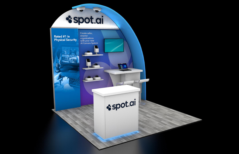 10' x 10' Scalable Custom Modular Exhibit w/ Curved Canopy and Product Display (ID0627)
